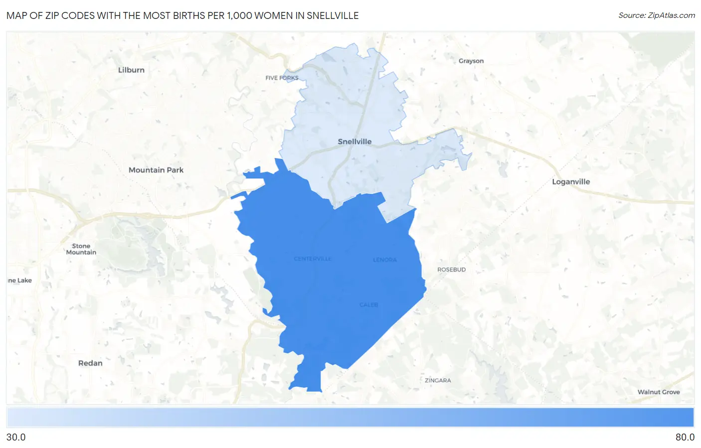 Zip Codes with the Most Births per 1,000 Women in Snellville Map