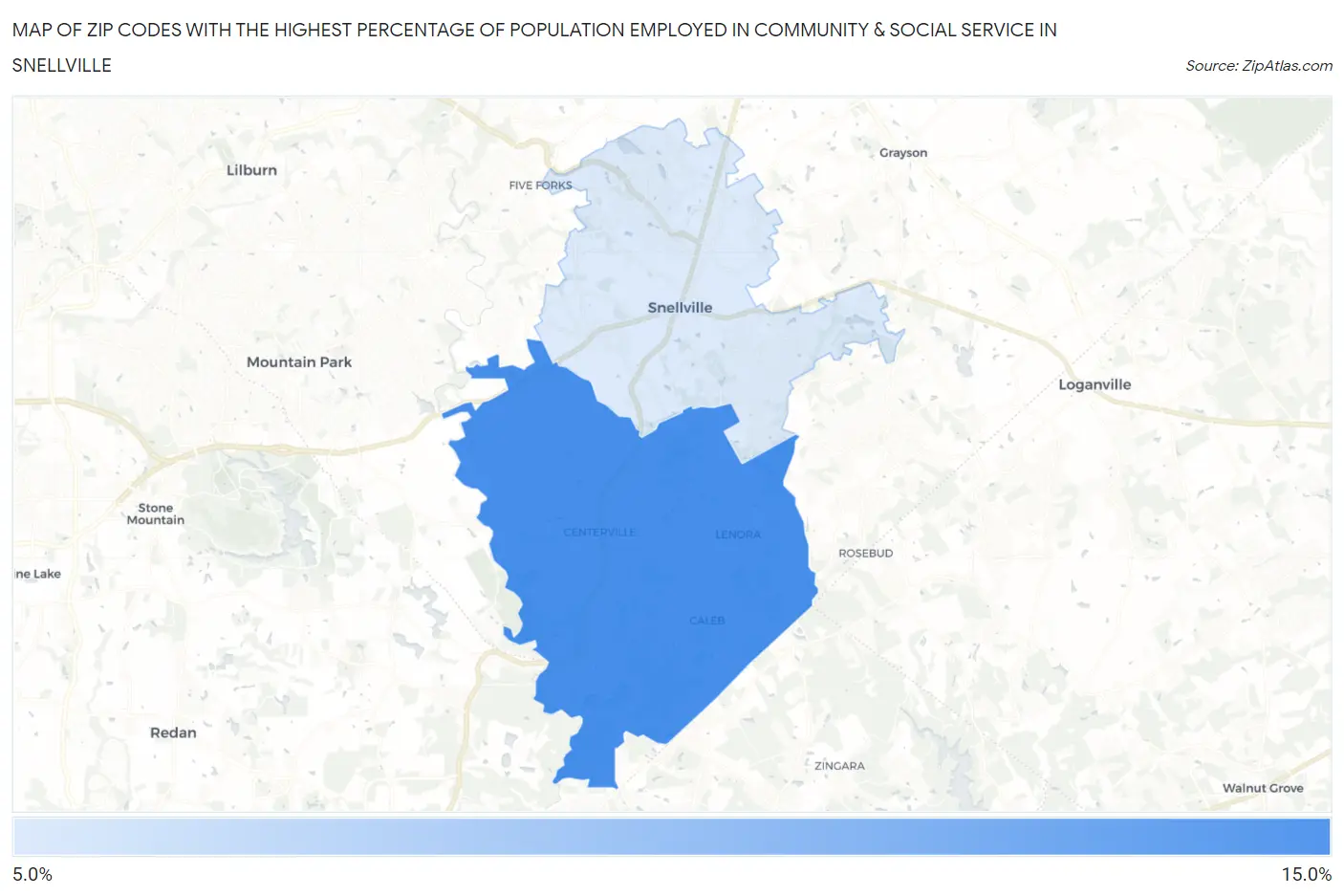 Zip Codes with the Highest Percentage of Population Employed in Community & Social Service  in Snellville Map
