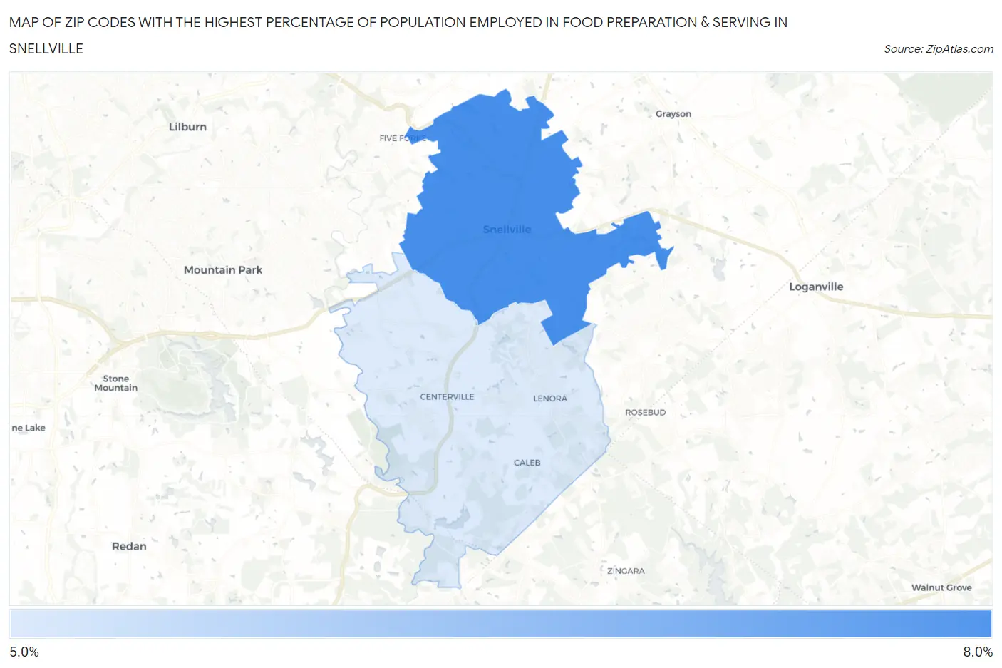 Zip Codes with the Highest Percentage of Population Employed in Food Preparation & Serving in Snellville Map