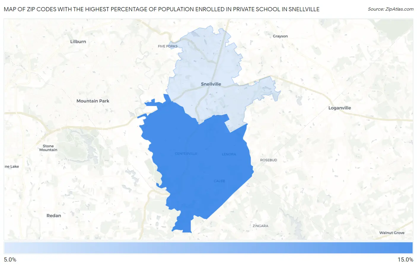 Zip Codes with the Highest Percentage of Population Enrolled in Private School in Snellville Map