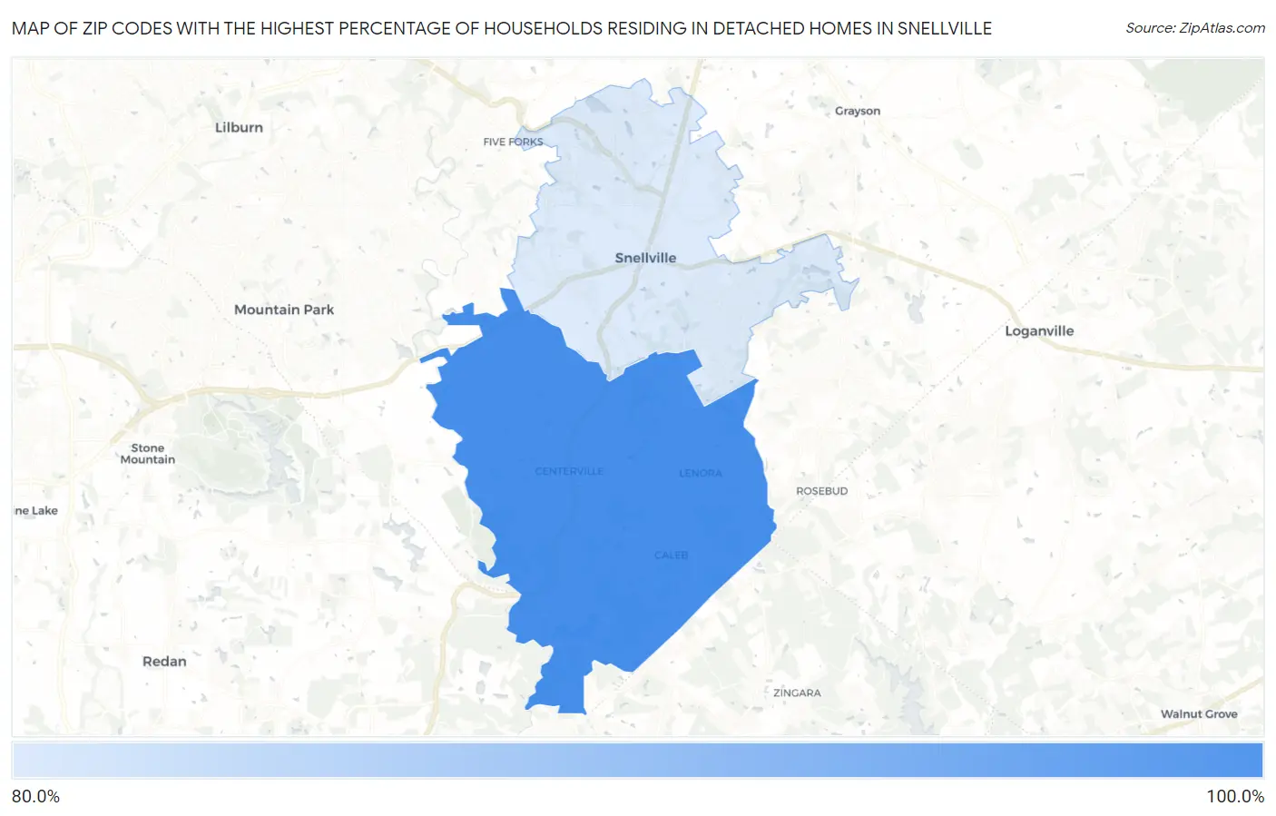 Zip Codes with the Highest Percentage of Households Residing in Detached Homes in Snellville Map