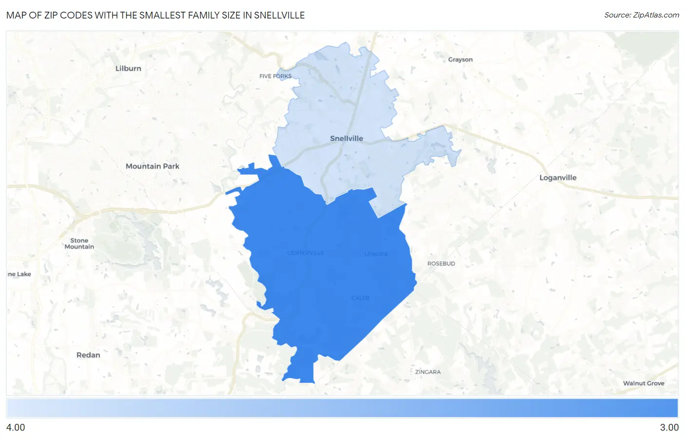 Zip Codes with the Smallest Family Size in Snellville Map
