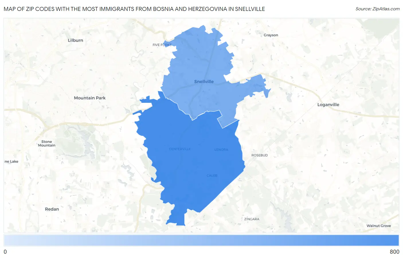 Zip Codes with the Most Immigrants from Bosnia and Herzegovina in Snellville Map