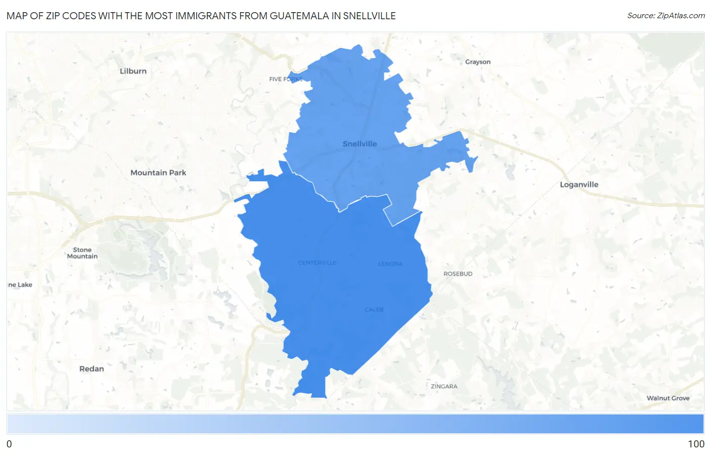Zip Codes with the Most Immigrants from Guatemala in Snellville Map