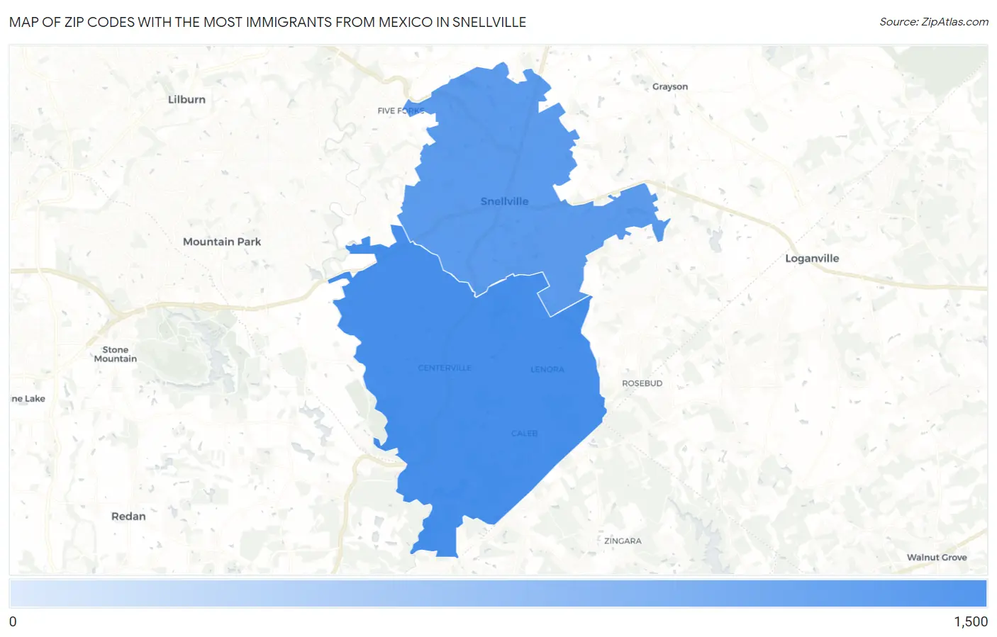 Zip Codes with the Most Immigrants from Mexico in Snellville Map