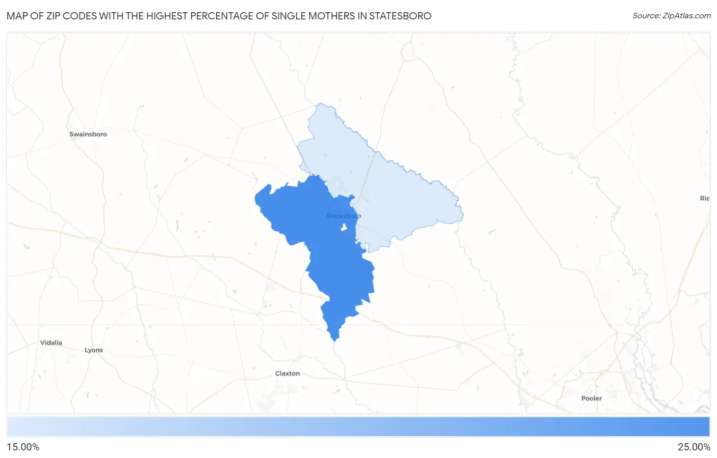 Zip Codes with the Highest Percentage of Single Mothers in Statesboro Map