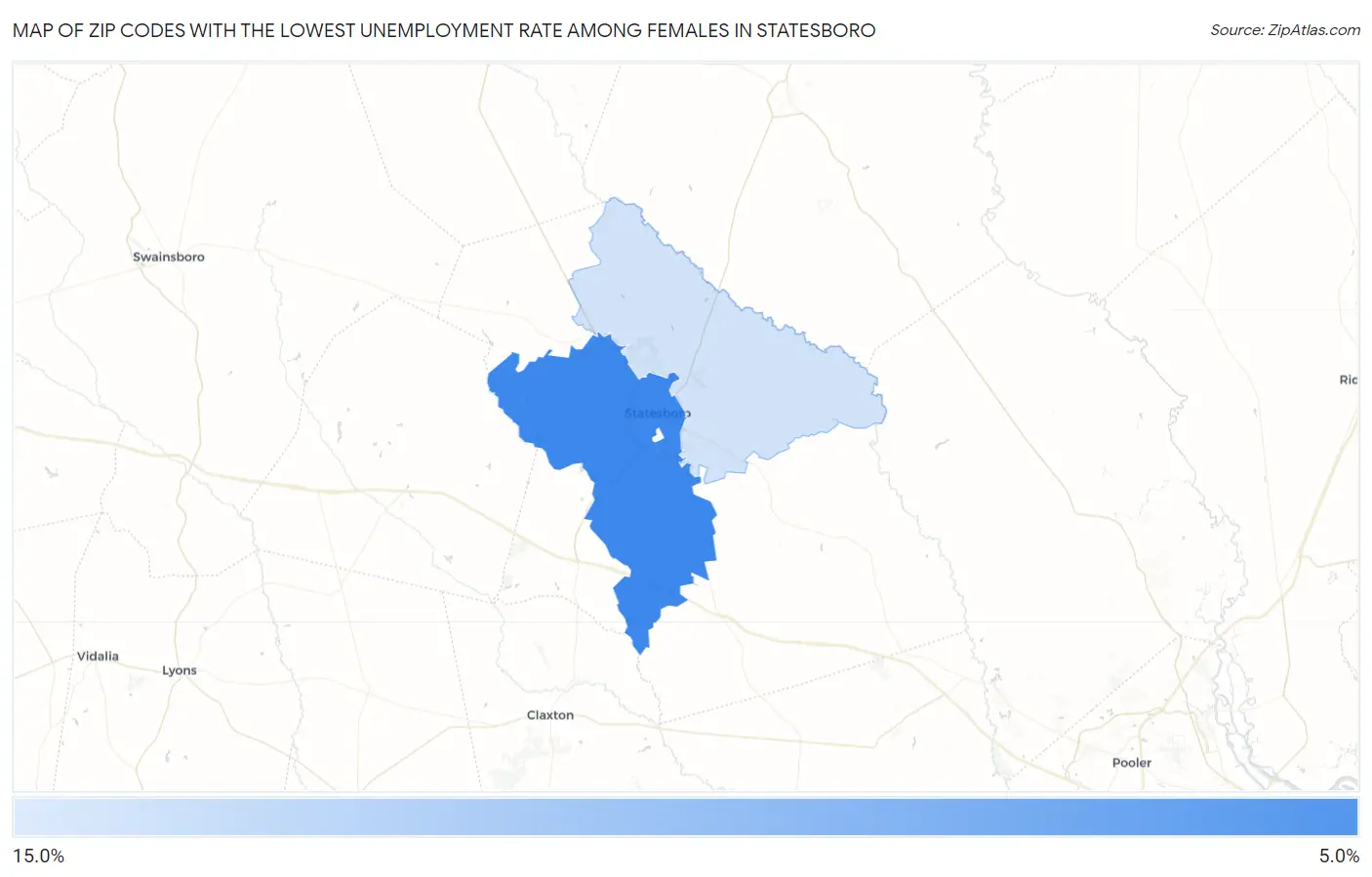 Zip Codes with the Lowest Unemployment Rate Among Females in Statesboro Map