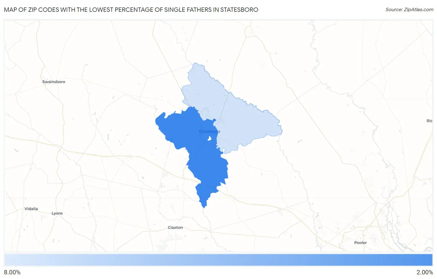 Zip Codes with the Lowest Percentage of Single Fathers in Statesboro Map