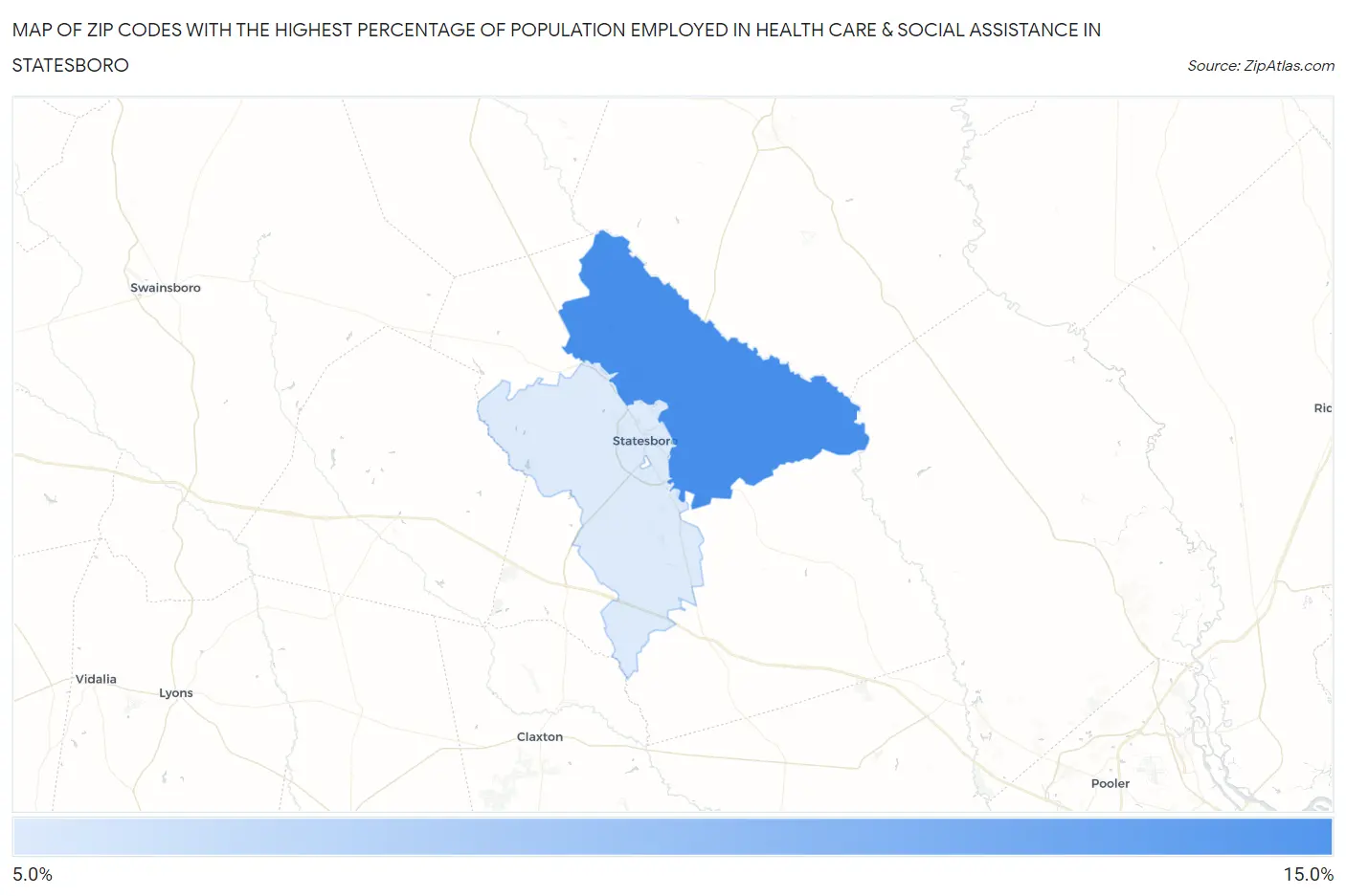 Zip Codes with the Highest Percentage of Population Employed in Health Care & Social Assistance in Statesboro Map