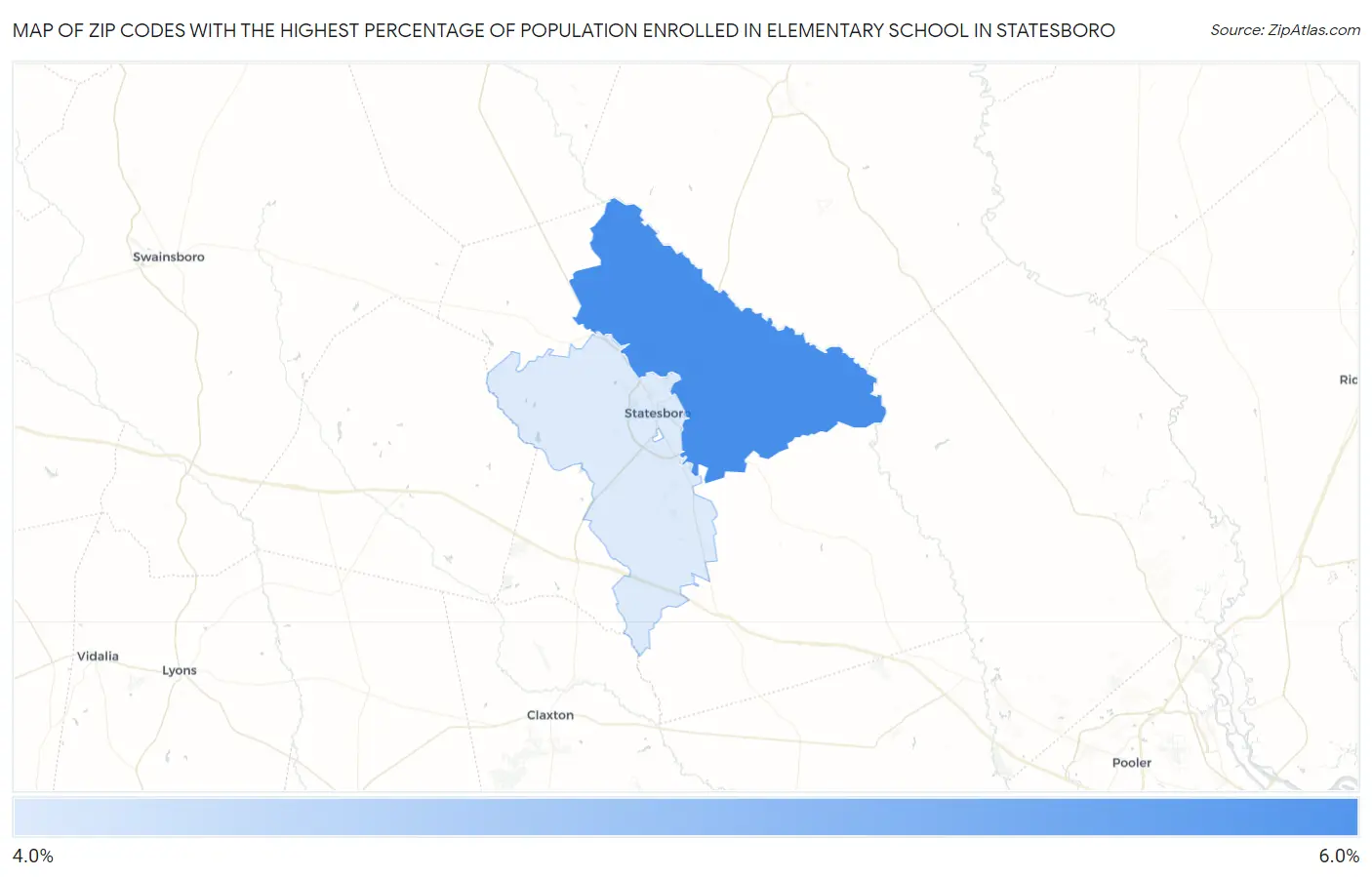 Zip Codes with the Highest Percentage of Population Enrolled in Elementary School in Statesboro Map