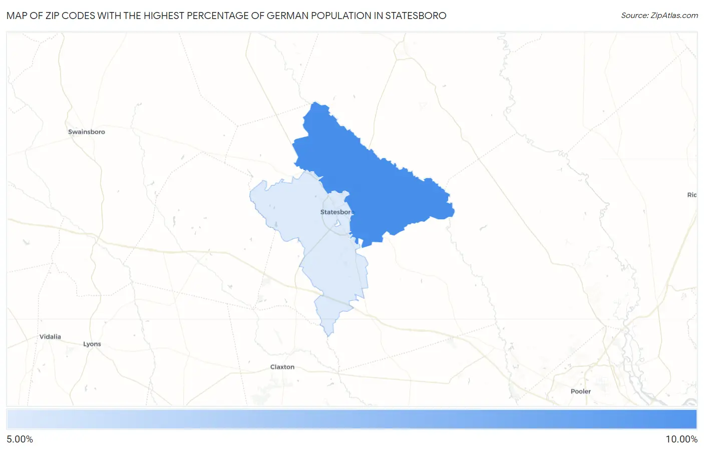 Zip Codes with the Highest Percentage of German Population in Statesboro Map