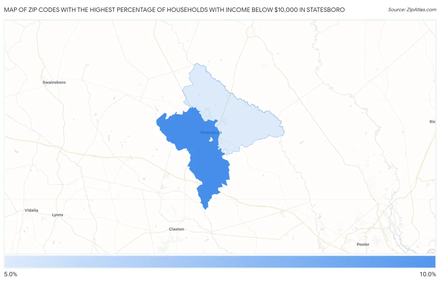 Zip Codes with the Highest Percentage of Households with Income Below $10,000 in Statesboro Map