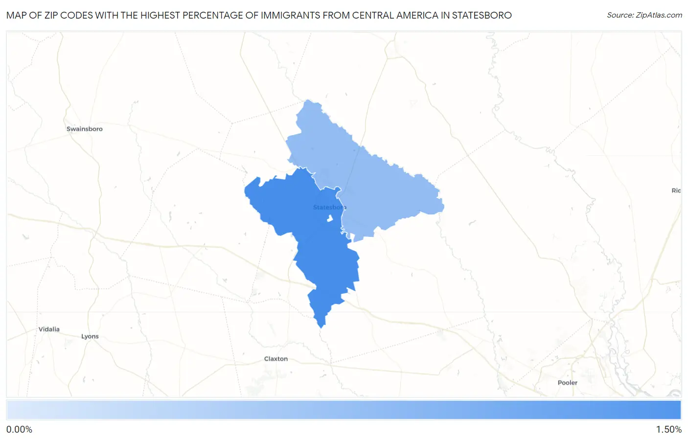 Zip Codes with the Highest Percentage of Immigrants from Central America in Statesboro Map