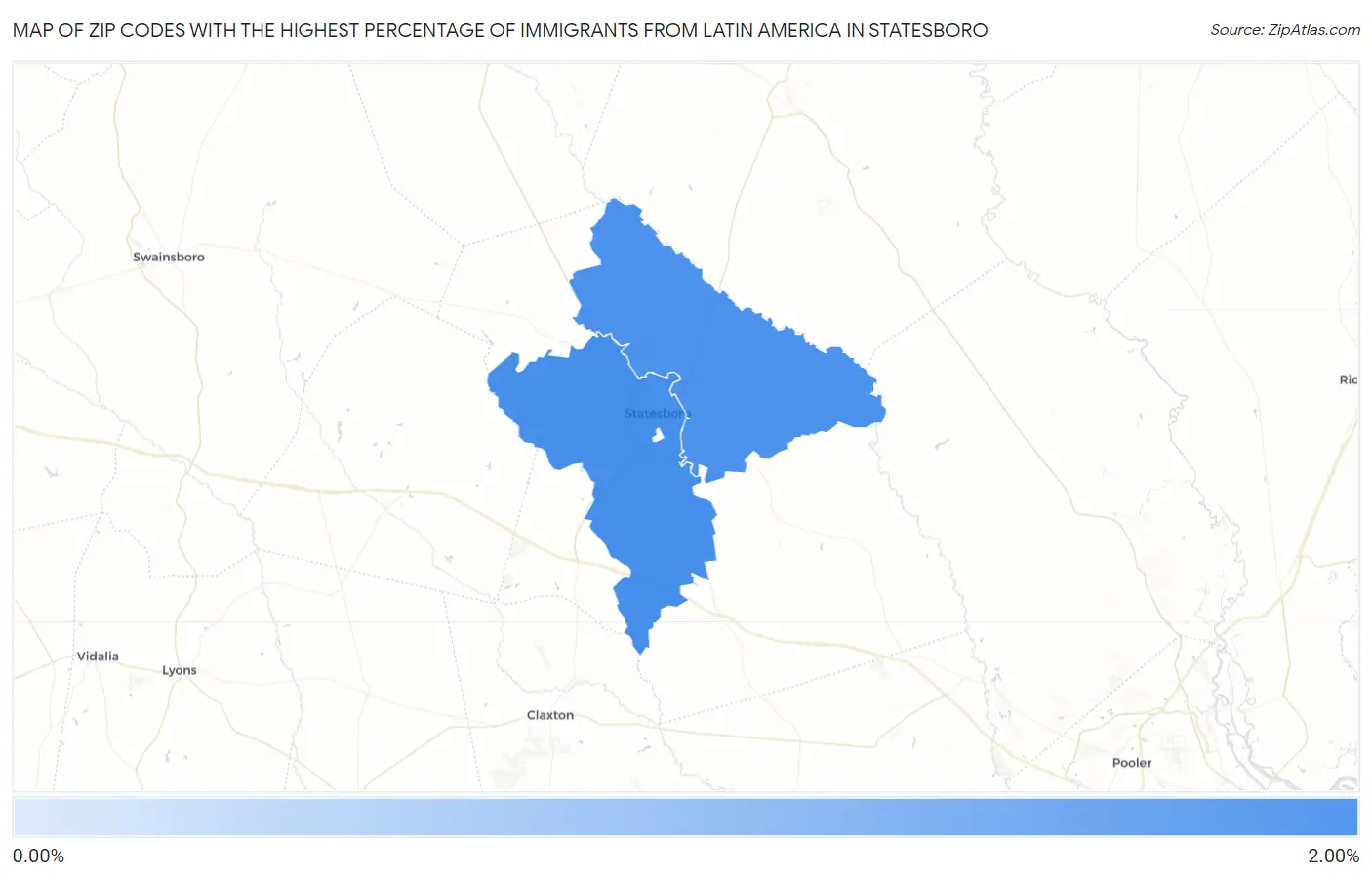 Zip Codes with the Highest Percentage of Immigrants from Latin America in Statesboro Map