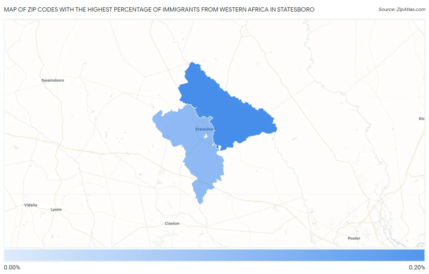 Zip Codes with the Highest Percentage of Immigrants from Western Africa in Statesboro Map