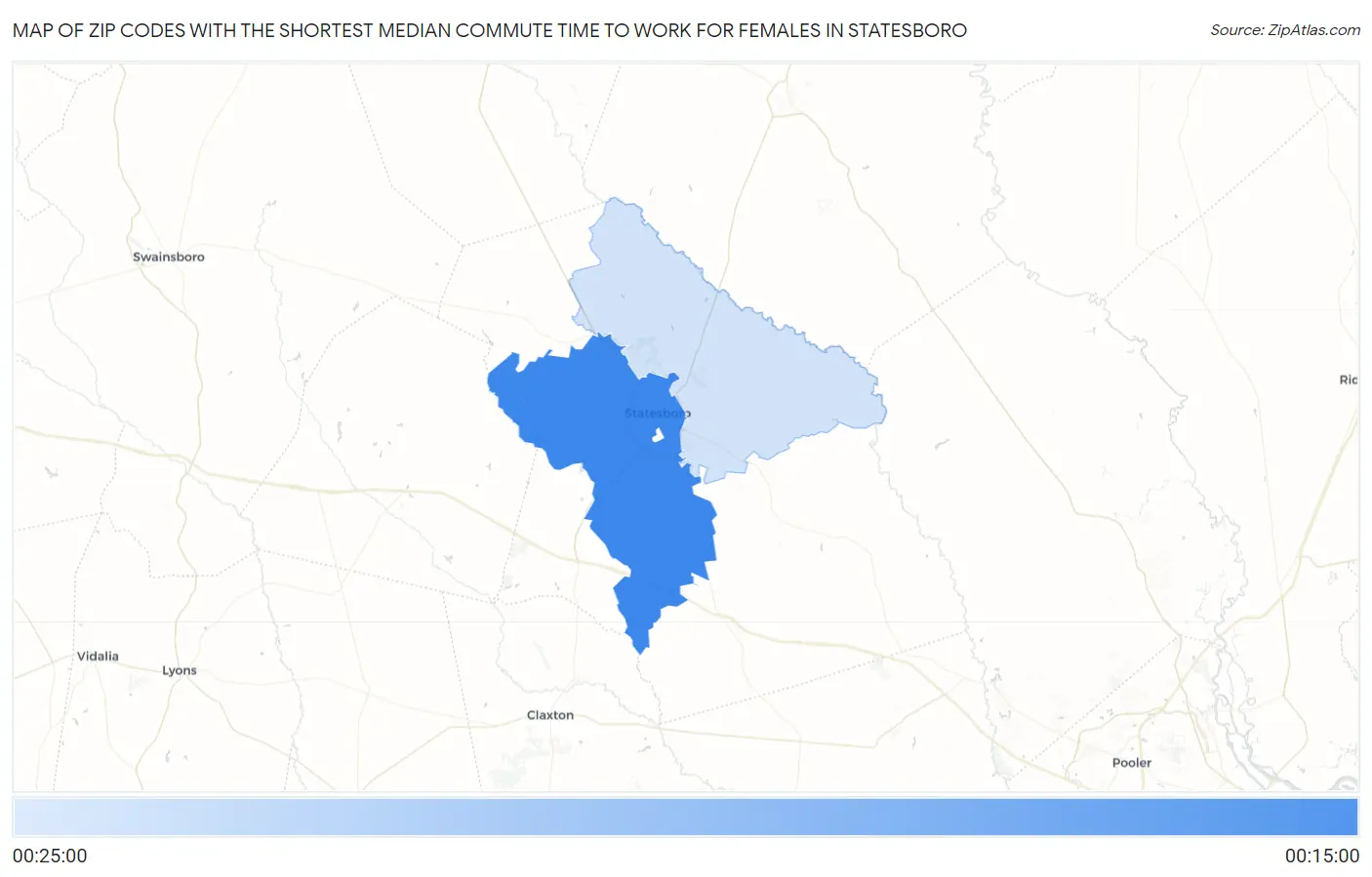 Zip Codes with the Shortest Median Commute Time to Work for Females in Statesboro Map