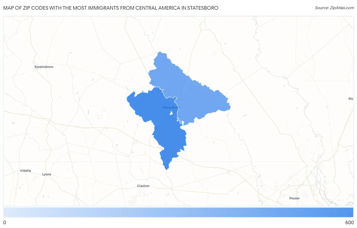 Zip Codes with the Most Immigrants from Central America in Statesboro Map