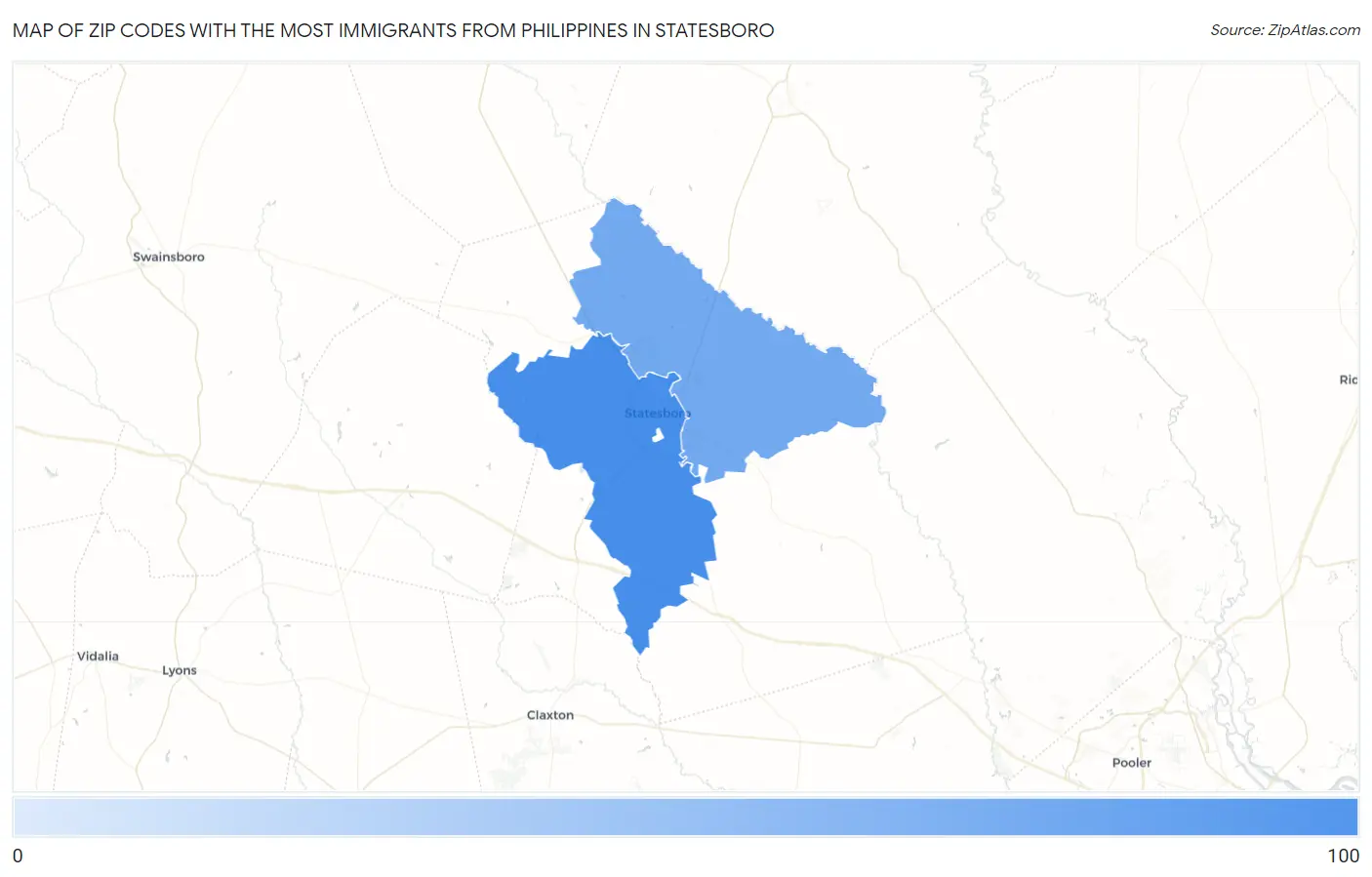 Zip Codes with the Most Immigrants from Philippines in Statesboro Map