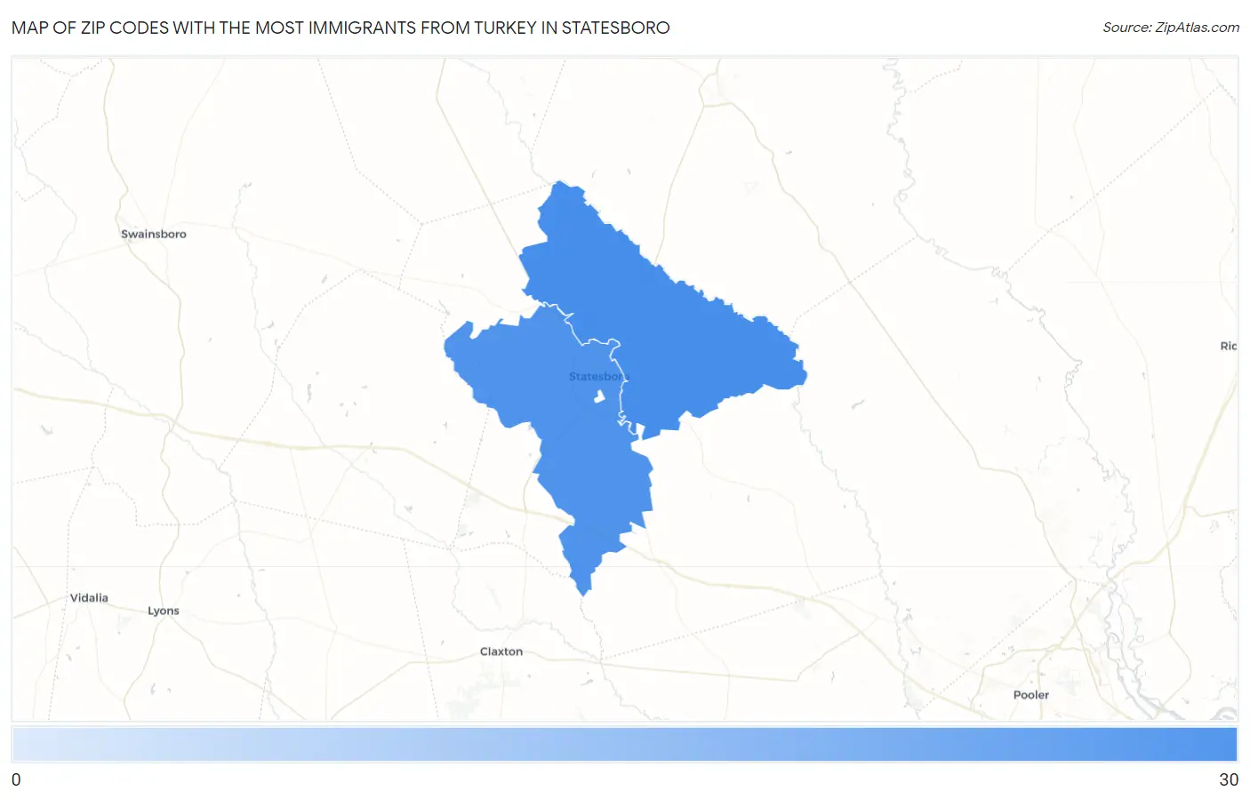 Zip Codes with the Most Immigrants from Turkey in Statesboro Map