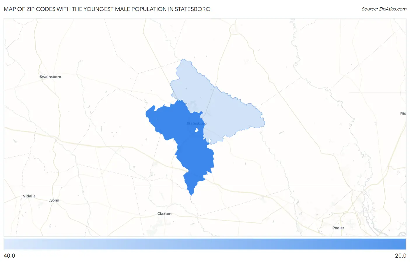 Zip Codes with the Youngest Male Population in Statesboro Map