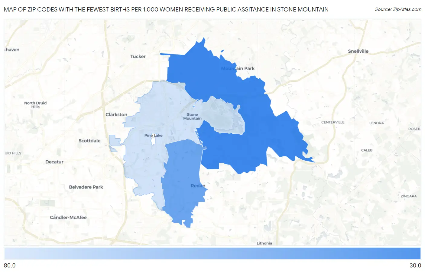 Zip Codes with the Fewest Births per 1,000 Women Receiving Public Assitance in Stone Mountain Map