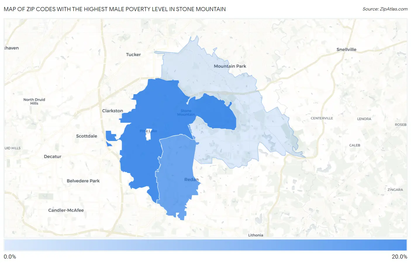 Zip Codes with the Highest Male Poverty Level in Stone Mountain Map