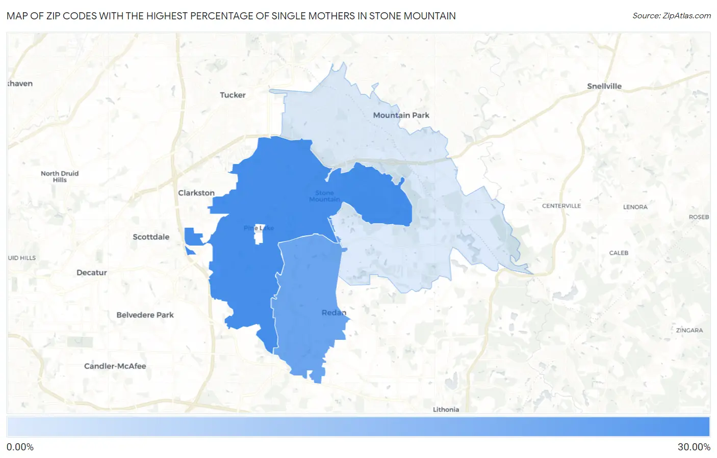 Zip Codes with the Highest Percentage of Single Mothers in Stone Mountain Map