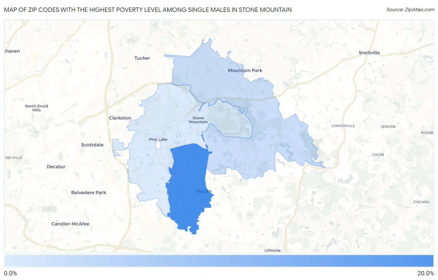 Zip Codes with the Highest Poverty Level Among Single Males in Stone Mountain Map
