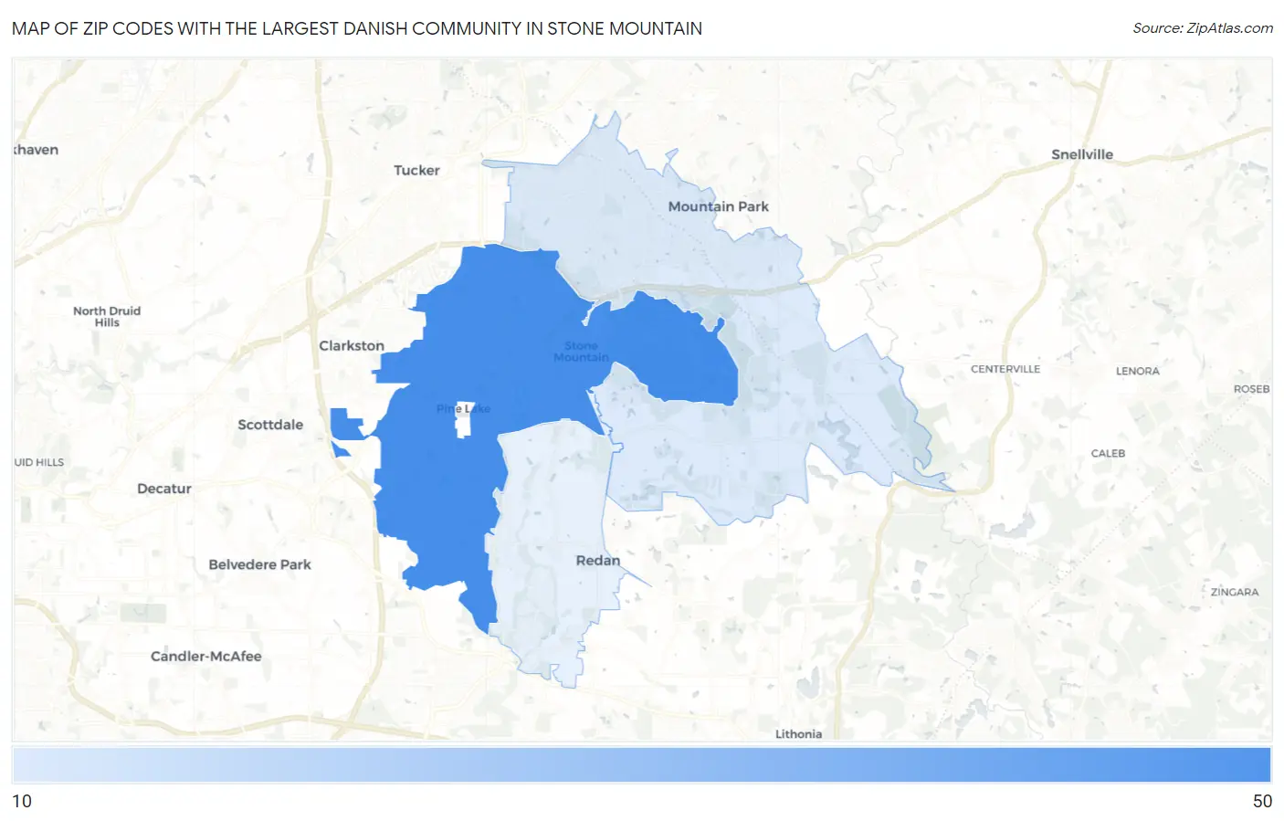 Zip Codes with the Largest Danish Community in Stone Mountain Map