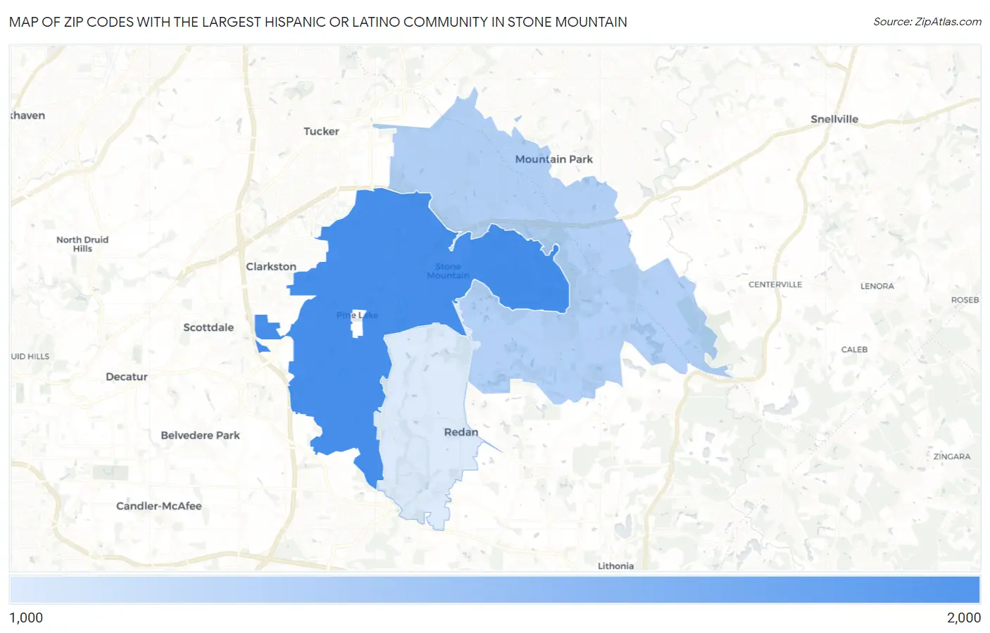 Zip Codes with the Largest Hispanic or Latino Community in Stone Mountain Map