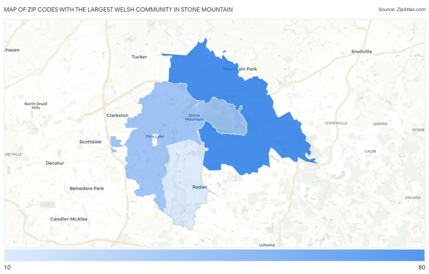 Zip Codes with the Largest Welsh Community in Stone Mountain Map