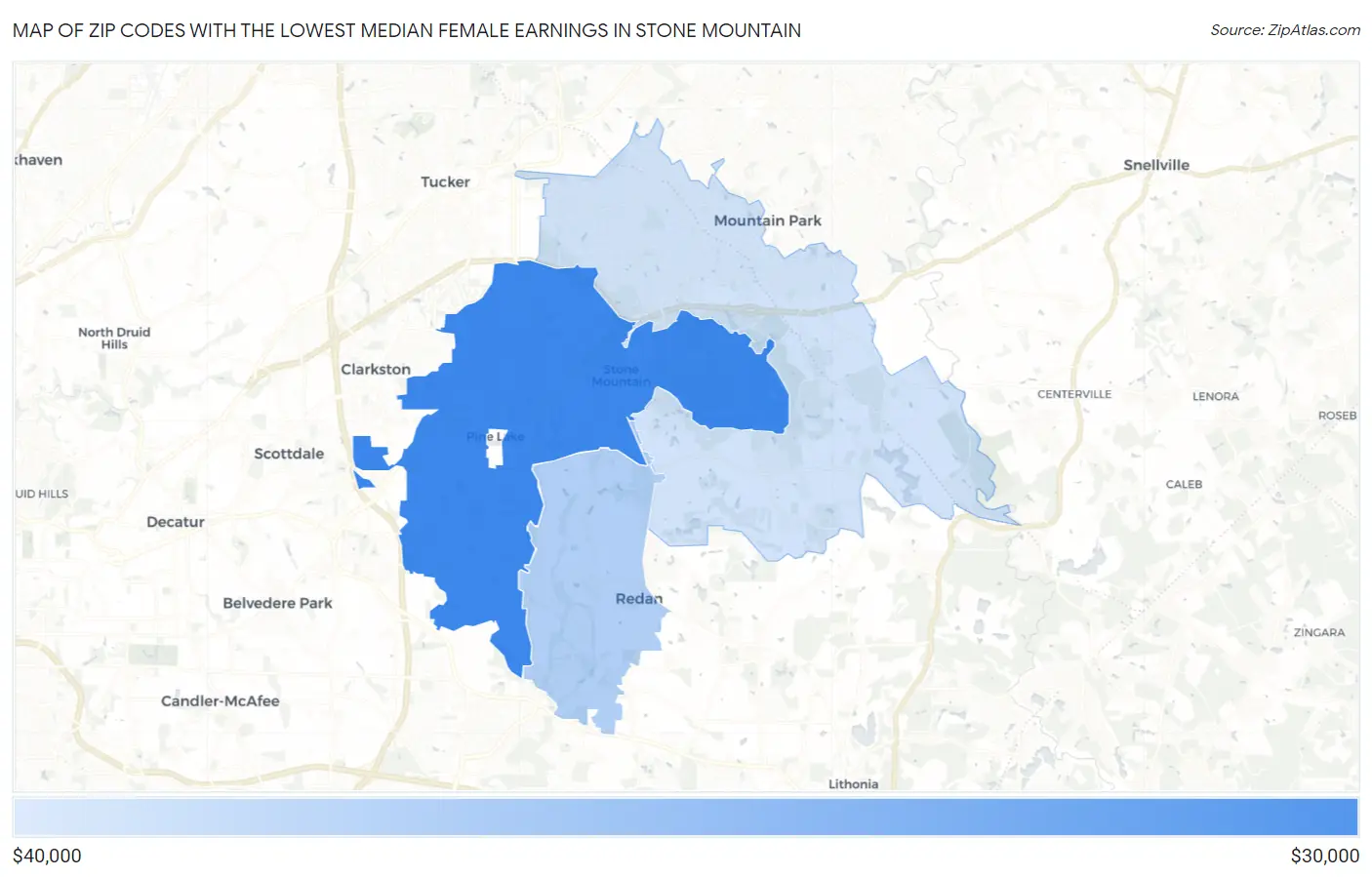 Zip Codes with the Lowest Median Female Earnings in Stone Mountain Map