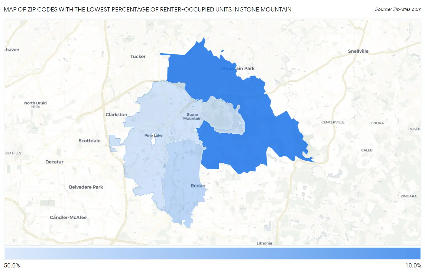 Zip Codes with the Lowest Percentage of Renter-Occupied Units in Stone Mountain Map