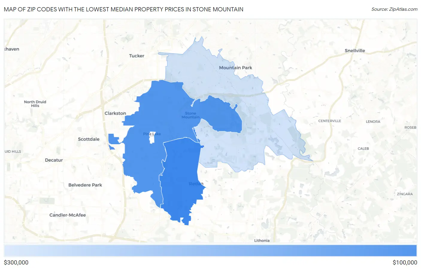 Zip Codes with the Lowest Median Property Prices in Stone Mountain Map
