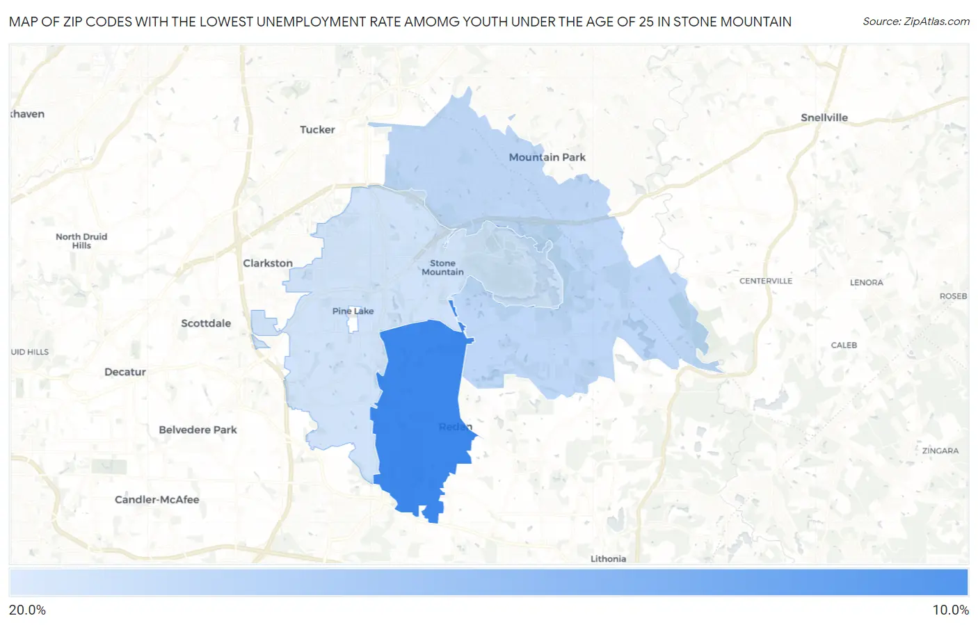Zip Codes with the Lowest Unemployment Rate Amomg Youth Under the Age of 25 in Stone Mountain Map