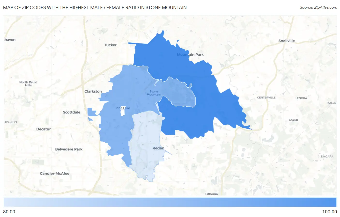 Zip Codes with the Highest Male / Female Ratio in Stone Mountain Map