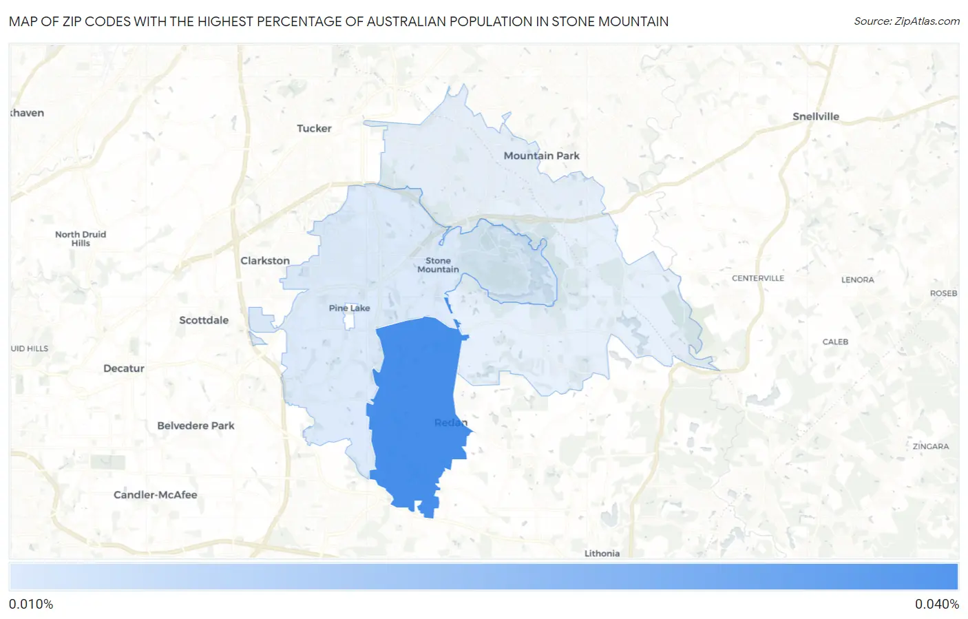 Zip Codes with the Highest Percentage of Australian Population in Stone Mountain Map