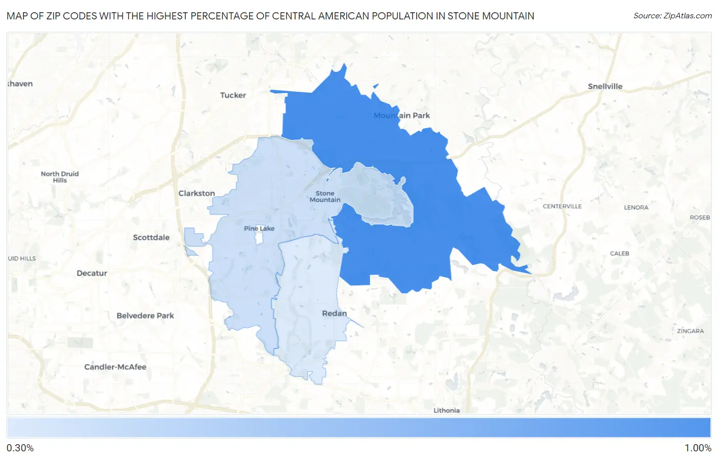 Zip Codes with the Highest Percentage of Central American Population in Stone Mountain Map