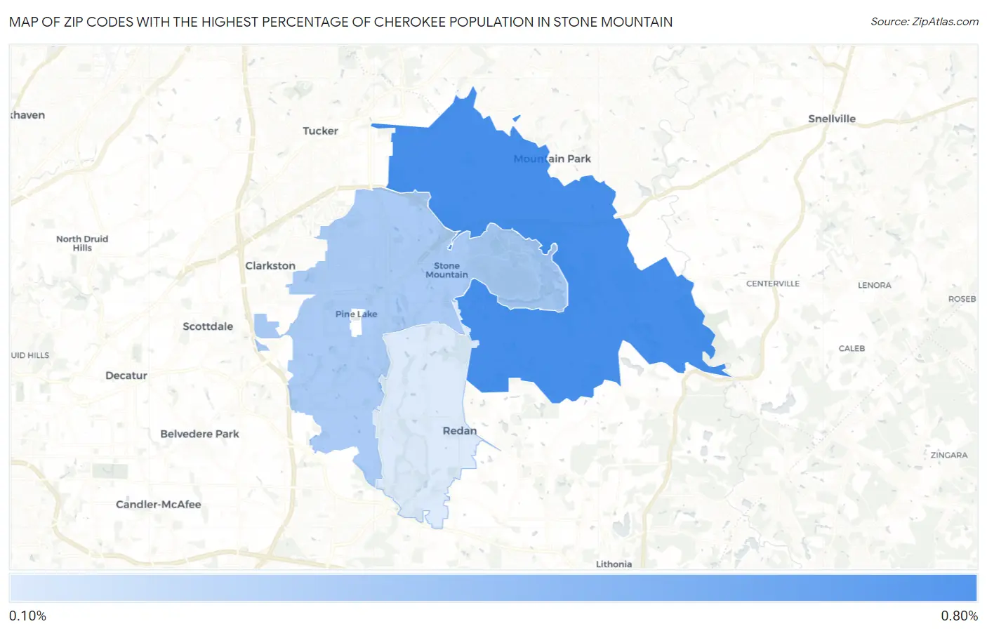 Zip Codes with the Highest Percentage of Cherokee Population in Stone Mountain Map