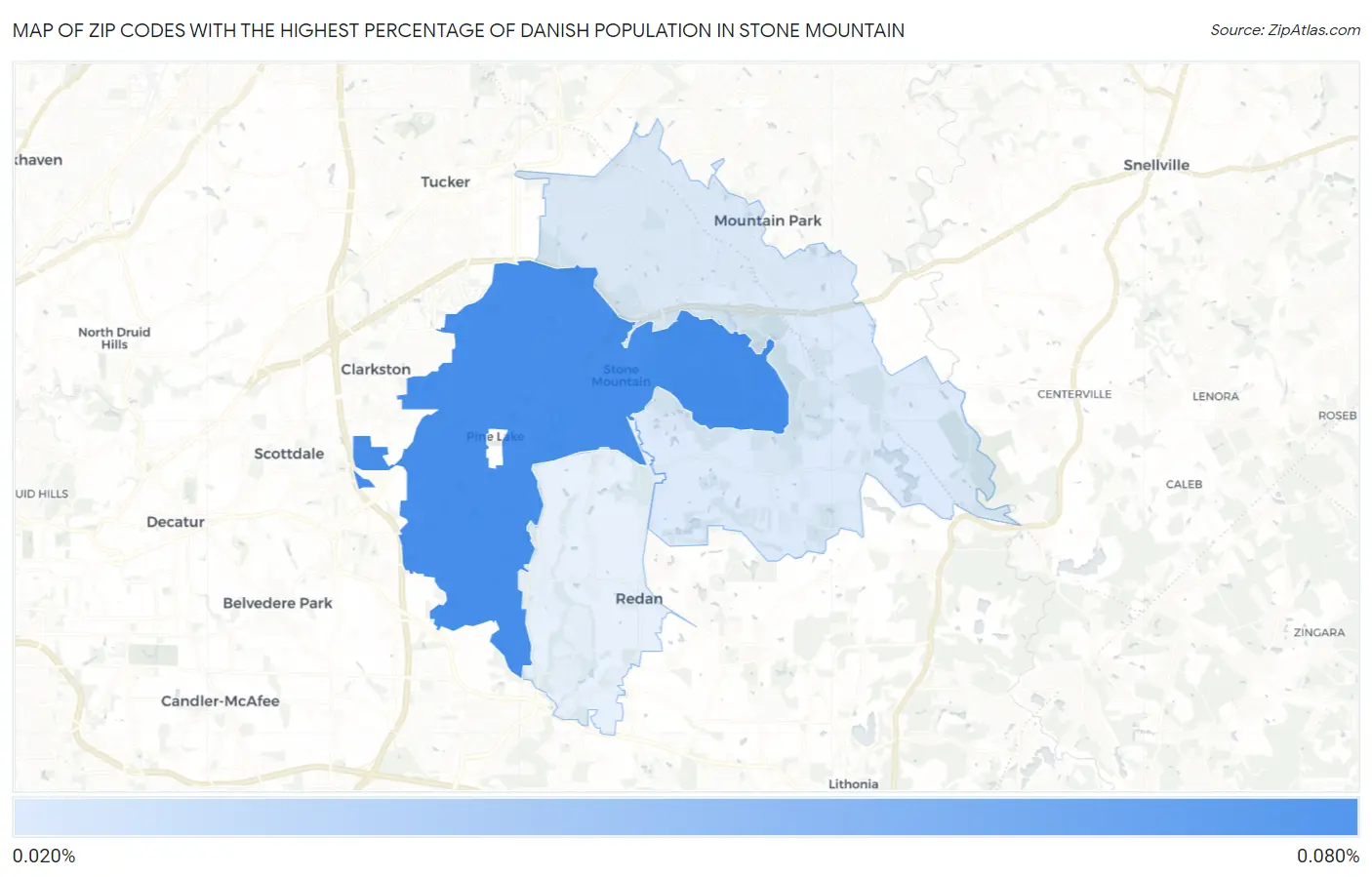 Zip Codes with the Highest Percentage of Danish Population in Stone Mountain Map