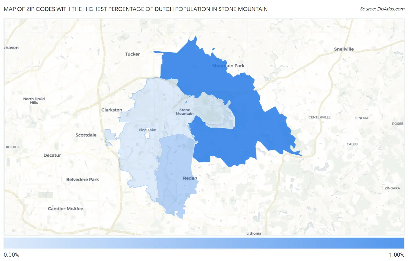 Zip Codes with the Highest Percentage of Dutch Population in Stone Mountain Map
