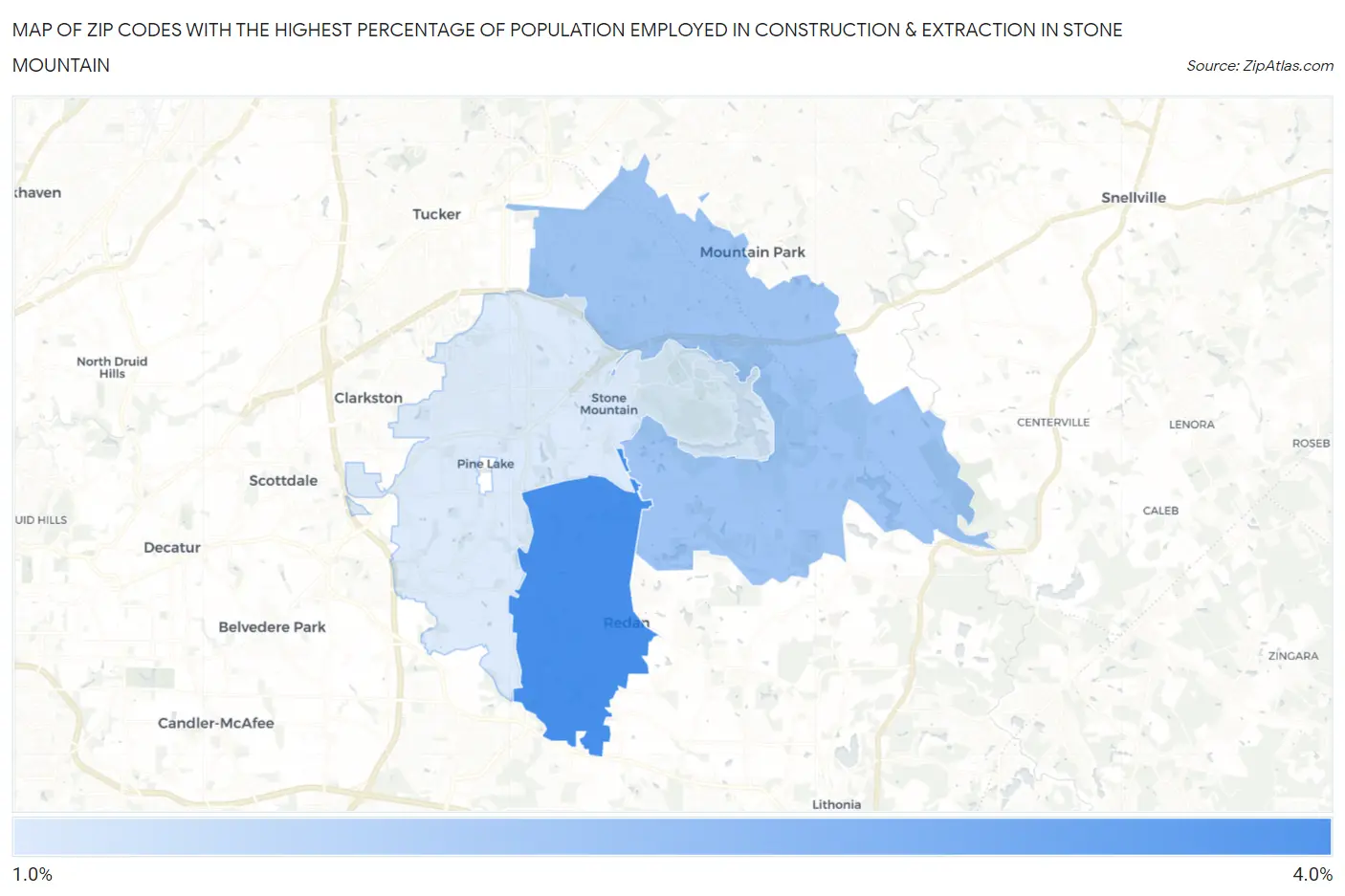Zip Codes with the Highest Percentage of Population Employed in Construction & Extraction in Stone Mountain Map