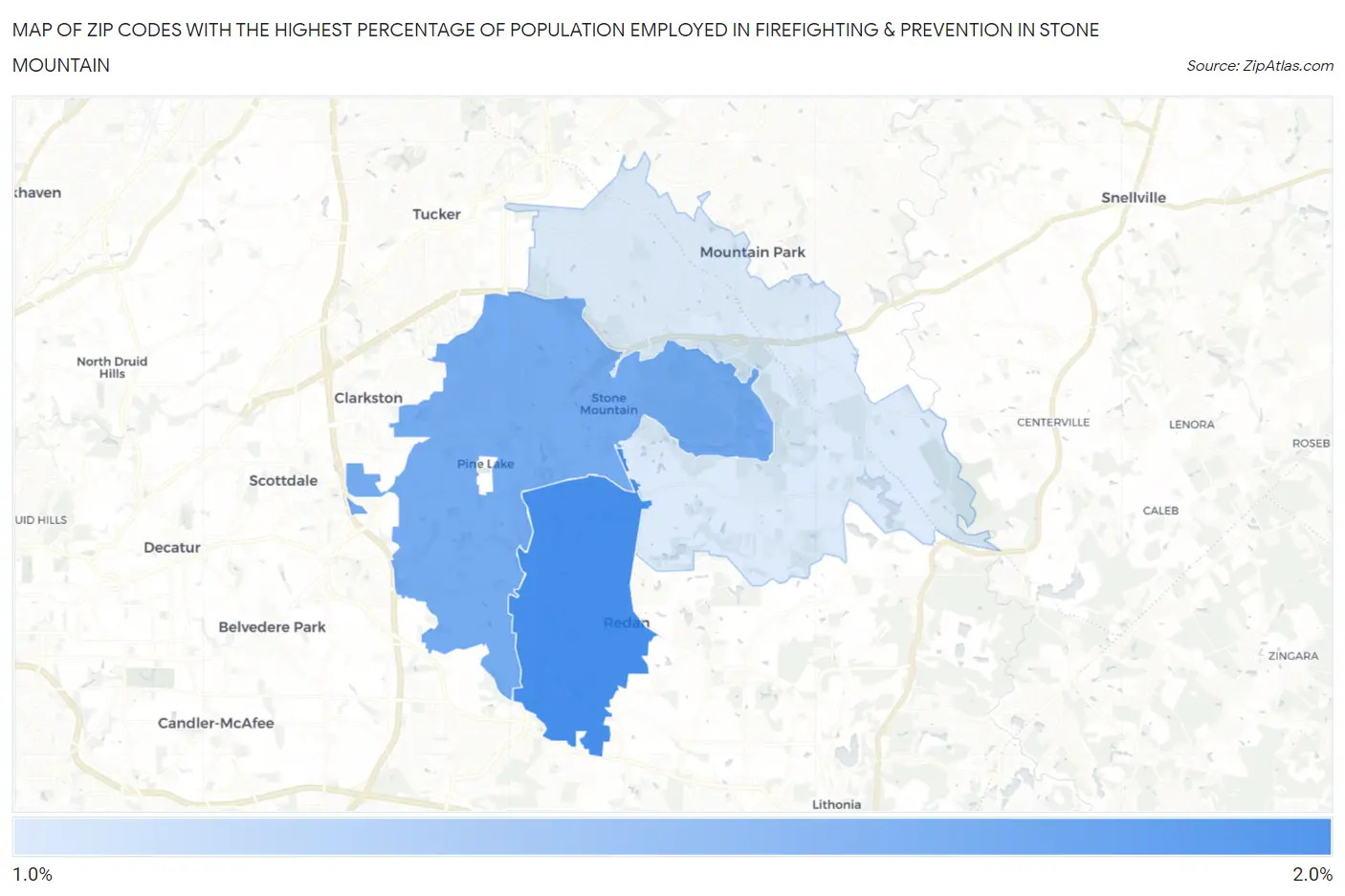 Zip Codes with the Highest Percentage of Population Employed in Firefighting & Prevention in Stone Mountain Map