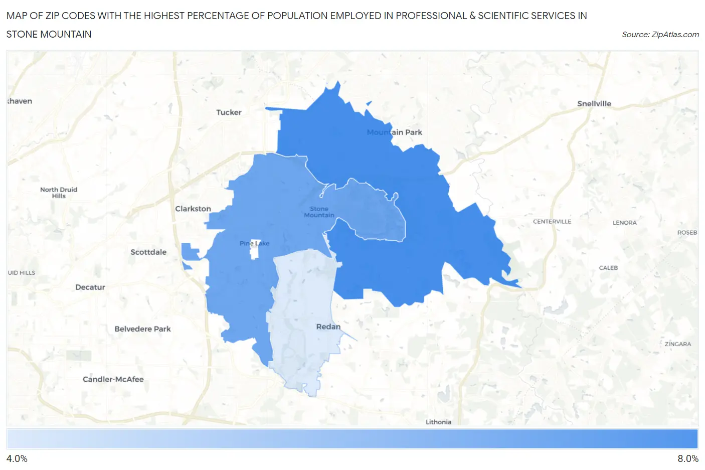 Zip Codes with the Highest Percentage of Population Employed in Professional & Scientific Services in Stone Mountain Map