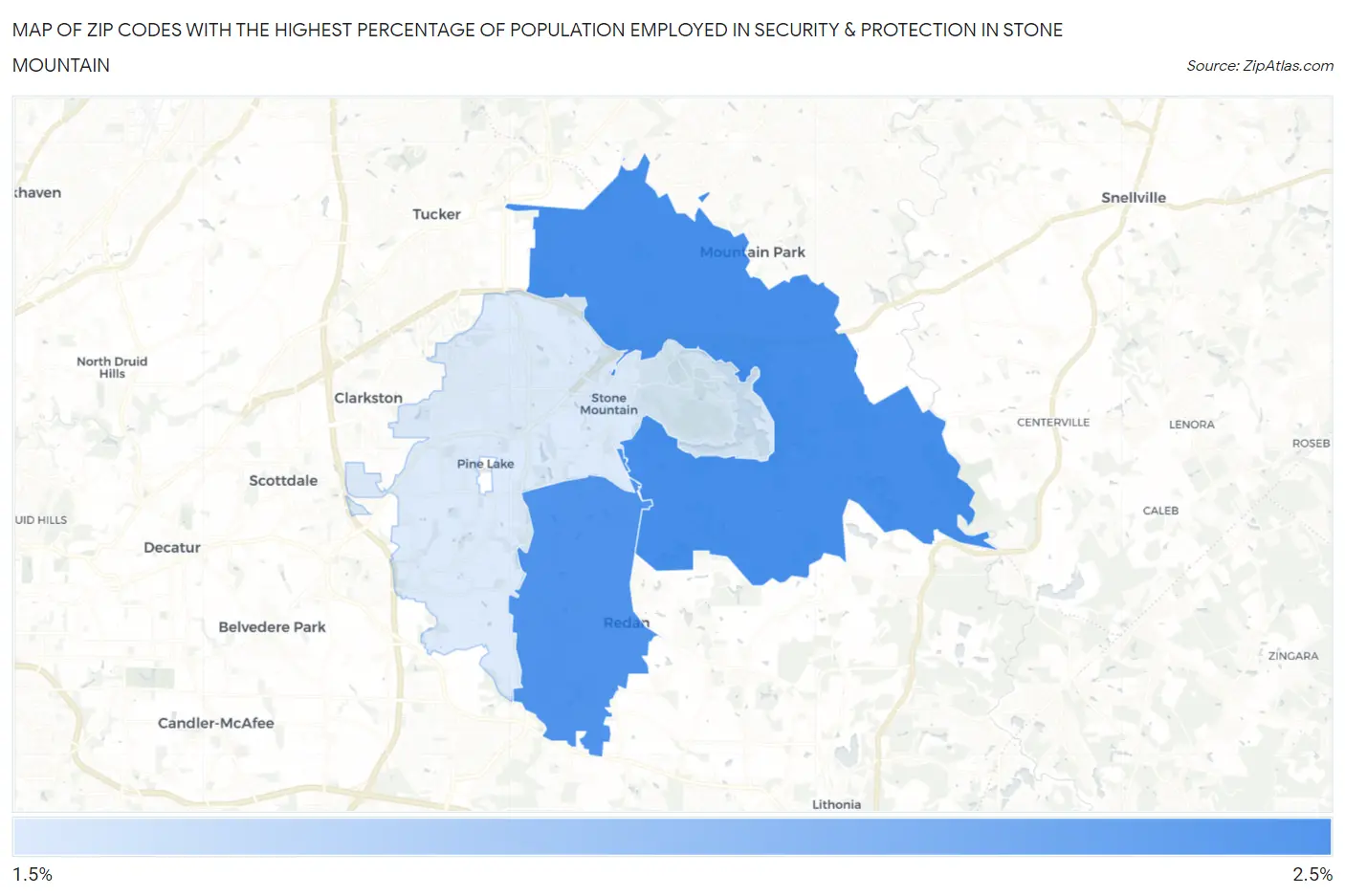 Zip Codes with the Highest Percentage of Population Employed in Security & Protection in Stone Mountain Map