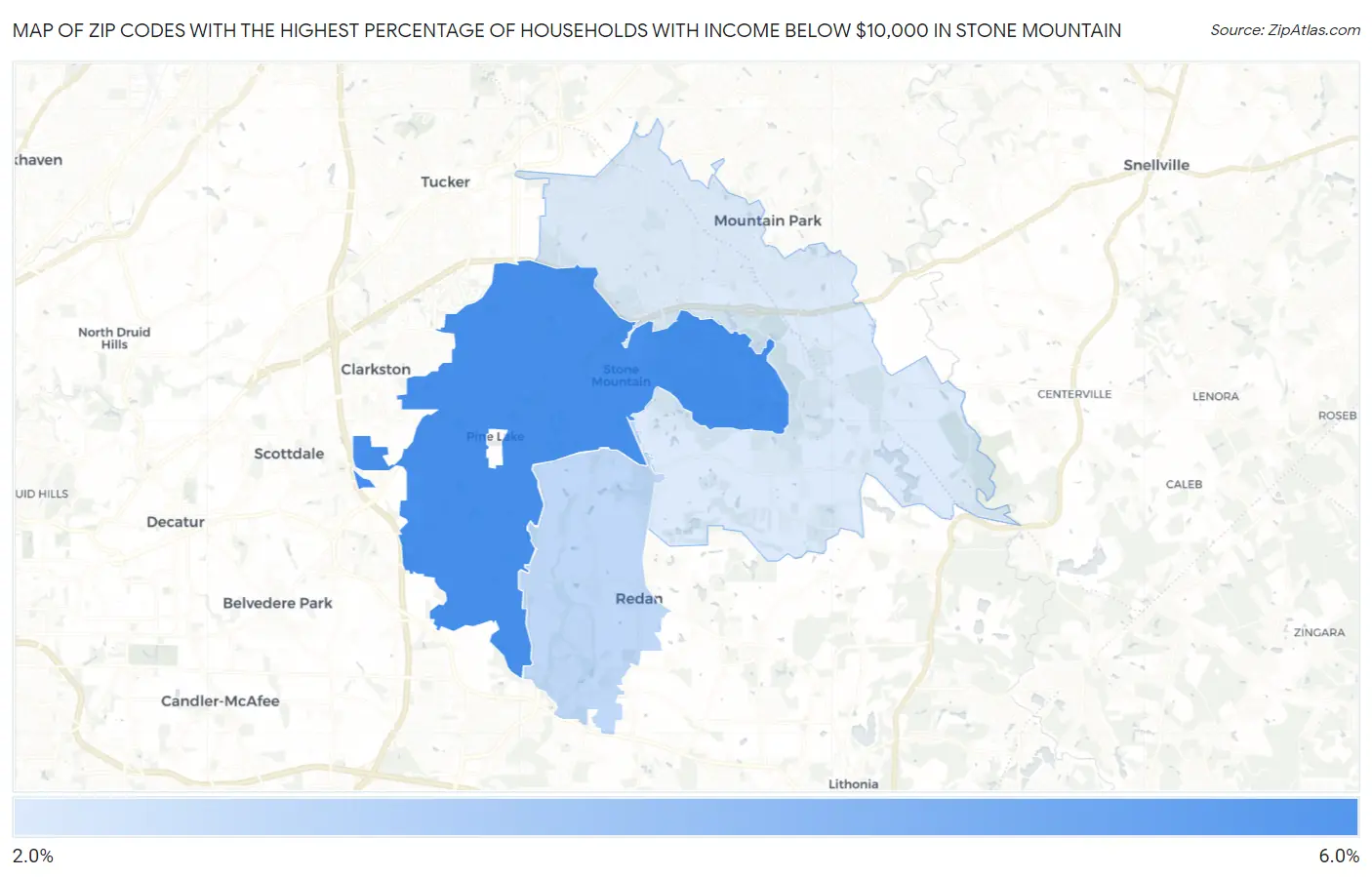 Zip Codes with the Highest Percentage of Households with Income Below $10,000 in Stone Mountain Map
