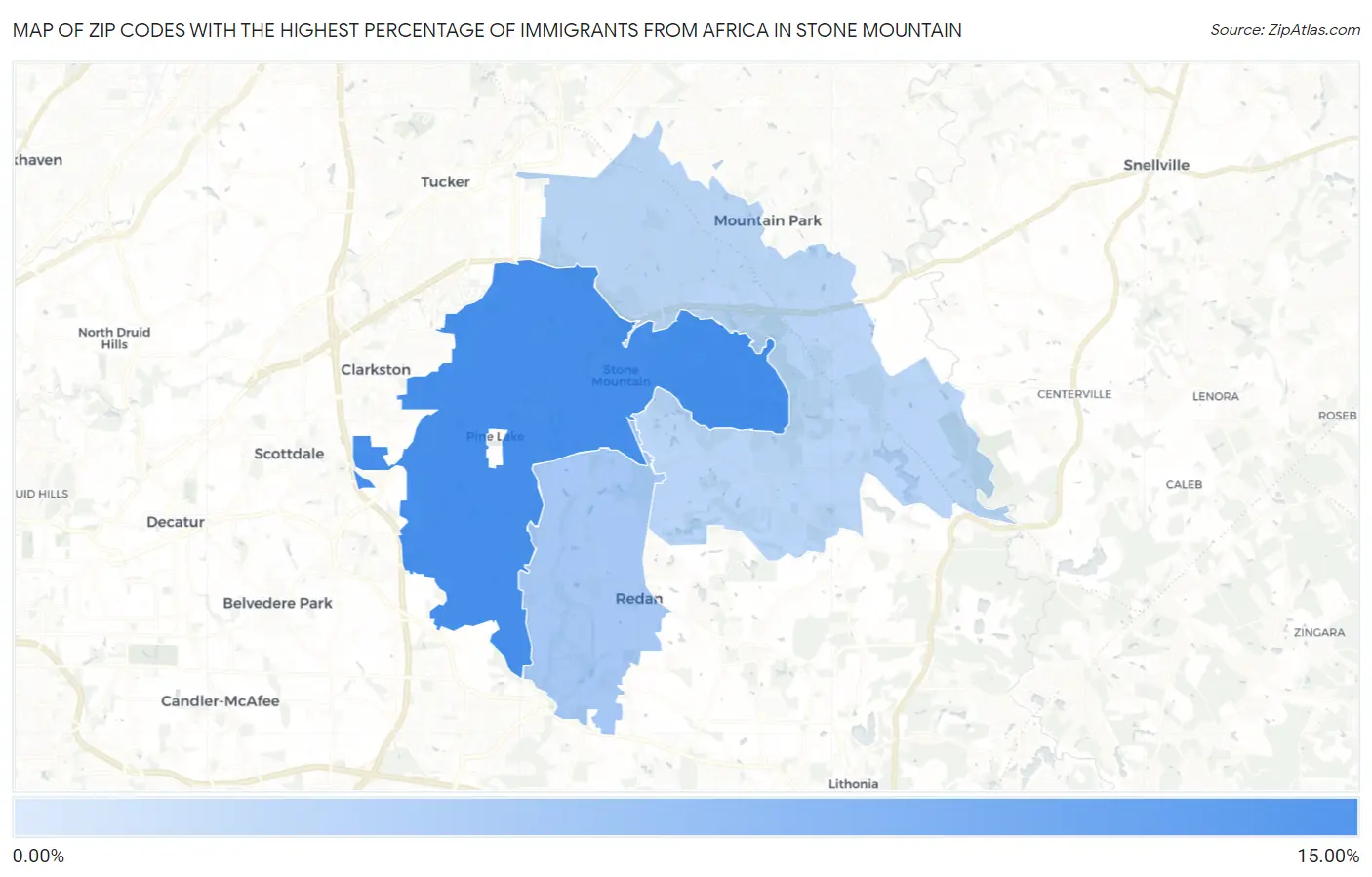 Zip Codes with the Highest Percentage of Immigrants from Africa in Stone Mountain Map