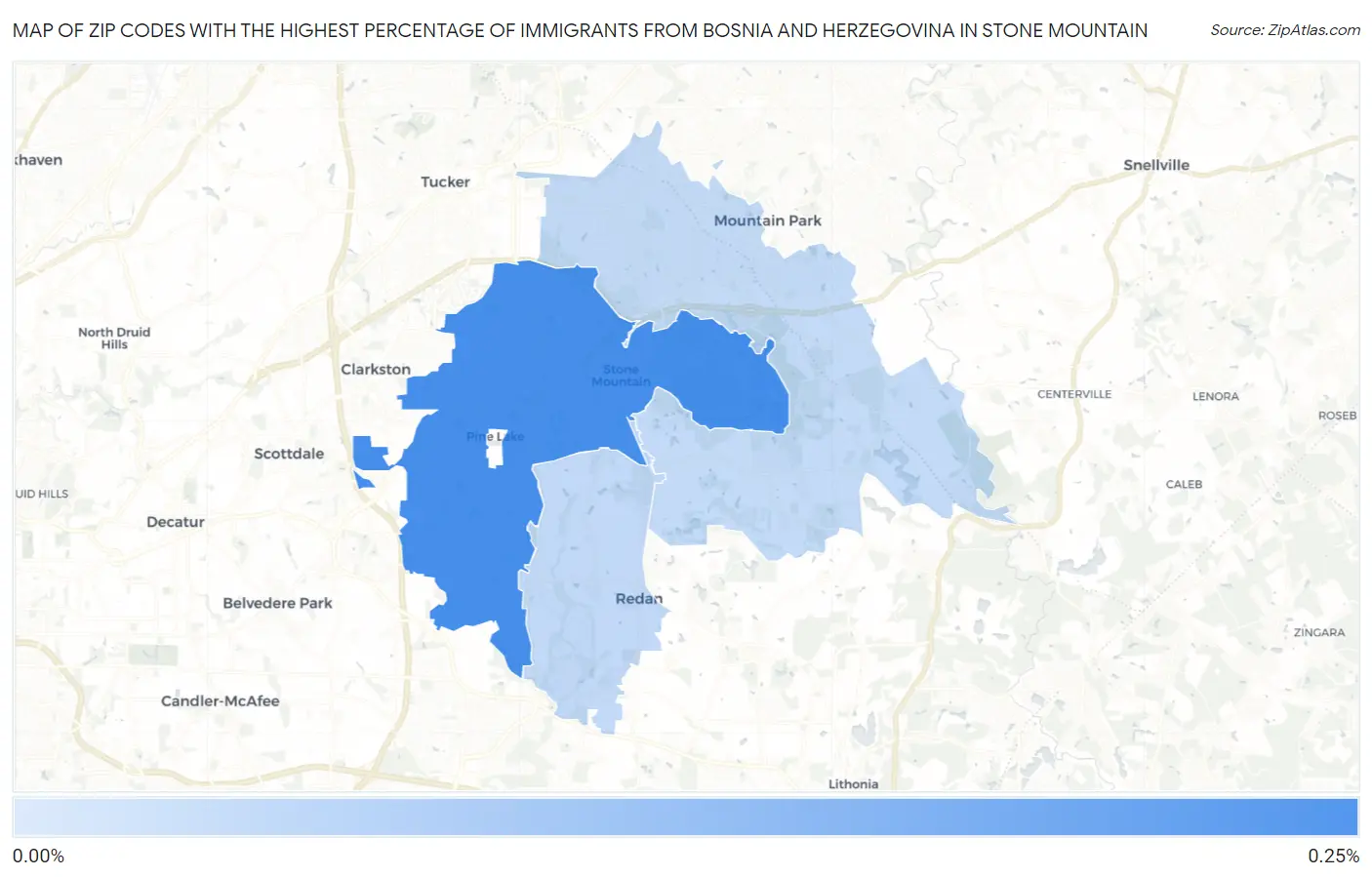 Zip Codes with the Highest Percentage of Immigrants from Bosnia and Herzegovina in Stone Mountain Map