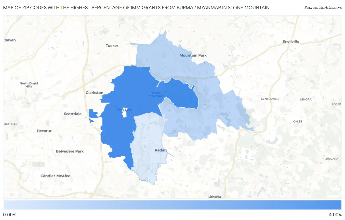 Zip Codes with the Highest Percentage of Immigrants from Burma / Myanmar in Stone Mountain Map