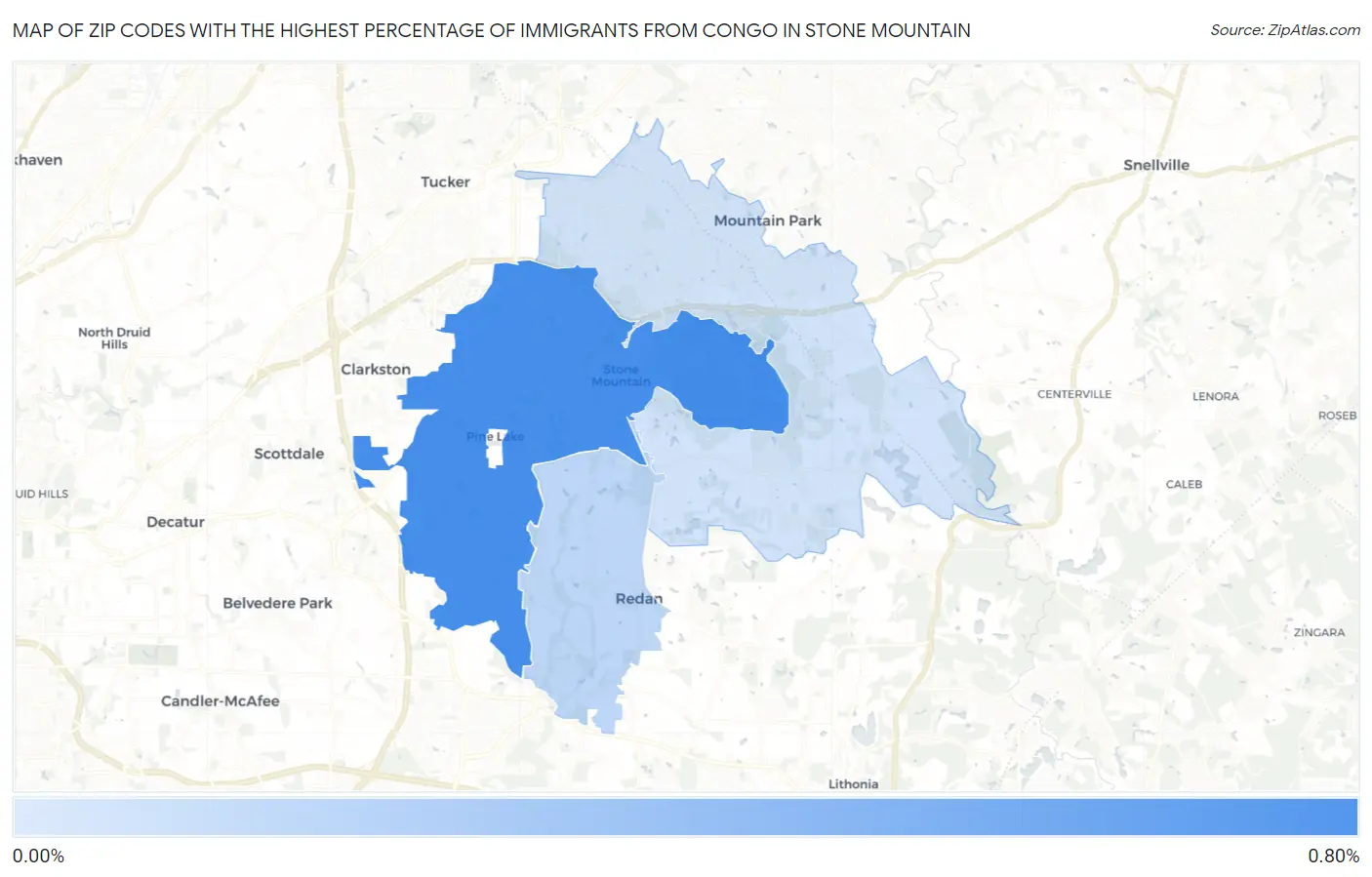 Zip Codes with the Highest Percentage of Immigrants from Congo in Stone Mountain Map
